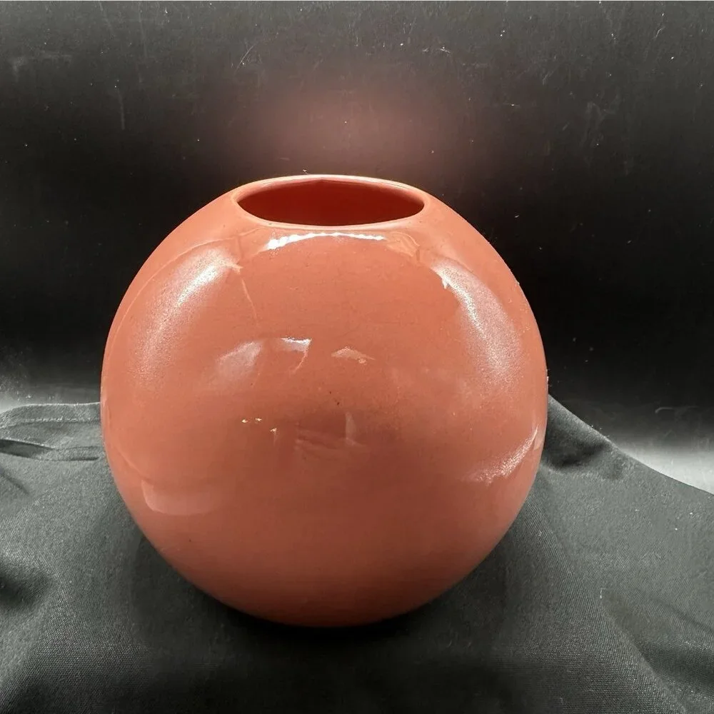 Vintage Coral Orange Orb Vase Glossy Ceramic Globe Bud Vase Retro 1980s 5.75